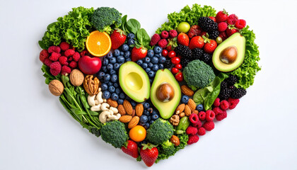 Fresh fruits and vegetables arranged in heart shape, showcasing vibrant colors and healthy options. This display includes avocados, berries, leafy greens, and nuts, promoting nutritious lifestyle