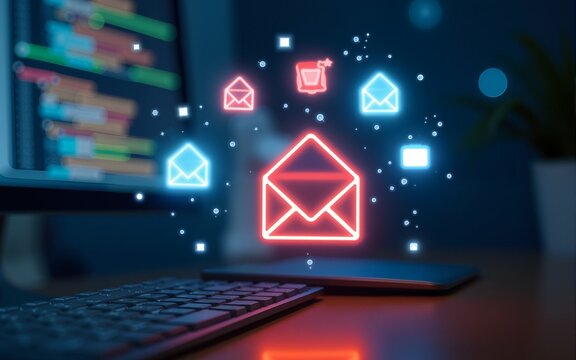 Email warning icons popping up on computer screen, representing inbox overload and phishing alert. Email spam alert and cybersecurity concept, digital communication, spam risk, or email marketing