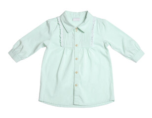 A delicate white baby blouse with intricate details and a classic, elegant design, isolated on a white background.