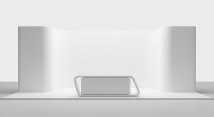 Empty white exhibition stand, modern design, minimalist presentation.