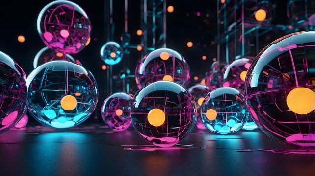 Futuristic 3D abstract spheres and cubes in motion with neon glow - Powered by Adobe