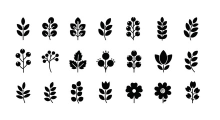 Naklejka premium Collection of Botanical Icons Featuring Various Leafy Sprigs and Floral Elements Rendered in Solid Black Silhouettes