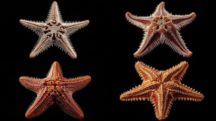 Four starfish display different textures, patterns, and colors on a black backdrop