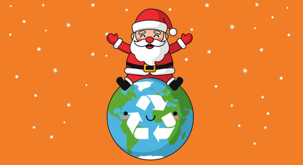 Santa Claus stands proudly on top of planet Earth adorned with the universal recycling symbol promoting eco-friendly celebrations and sustainable holidays around the globe during the winter season wit