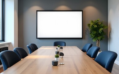 Modern office room interior with meeting table and mock up tv screen. High quality