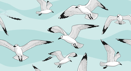 Fototapeta premium A Flock of Graceful Seabirds Soaring Through the Air with Elegant Wings Spread Wide Against a Soft Blue Sky Background