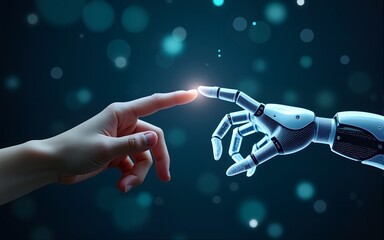Human and robot finger touch ai with scales hologram, ethical codes. High quality