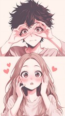 Cute young anime couple, big eyes, blushing cheeks