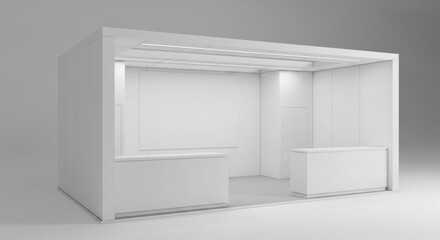 Empty white exhibition stand, modern design,  simple layout,  clean lines,  ready for branding,  neutral background.