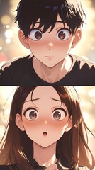 Cute young anime couple, big eyes, blushing cheeks