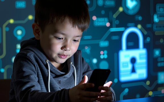 Kid boy with phone, cybersecurity hologram and padlock circuit. High quality