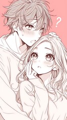 Cute young anime couple, big eyes, blushing cheeks