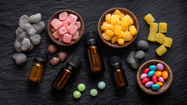 Wellness Kit Flatlay: Essential Oils and Colorful Candies on Dark Background