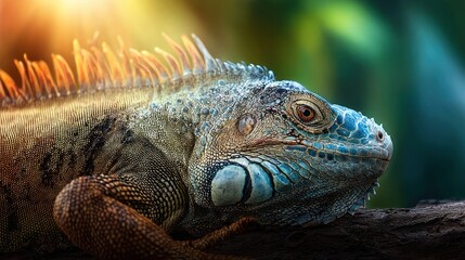 Fototapeta premium Close-up of a vibrant iguana resting on a log
