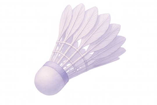 Hand-drawn illustration of a white shuttlecock with feathers, isolated on a transparent background, perfect for badminton-related designs