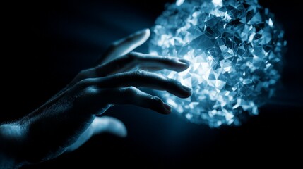 Hand reaching towards a glowing geometric sphere in a dark and mysterious setting concept art scene
