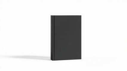 A standing, closed, black book with a plain cover is centered on a white background.