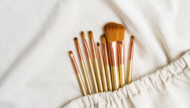 A professional set of golden makeup brushes, an essential beauty toolkit, peeking from a soft white fabric pouch.