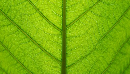 Obraz premium Extreme close-up of a vibrant green leaf backlit by sunlight, revealing its intricate network of veins and cellular texture.