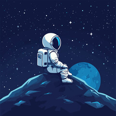 Astronaut on the new planet looks to blue star, vector style simple color