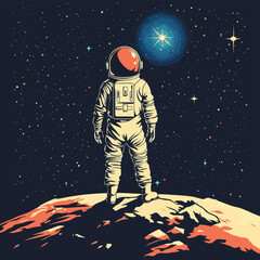 Astronaut on the new planet looks to blue star, vector style simple color