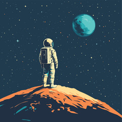 Astronaut on the new planet looks to blue star, vector style simple color