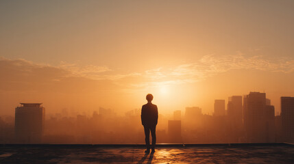 A photo of a businessman wearing a suit standing with his back to the camera in the setting sun, conveying the company's vision.