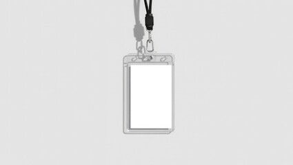 Blank plastic identification badge hanging by black and gray lanyard on a light gray background.