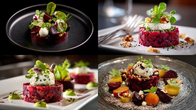 and keyword list based on the image

 Beet Tartare Plating Diverse Chefs' Compositions for Fine Dining Restaurant Service