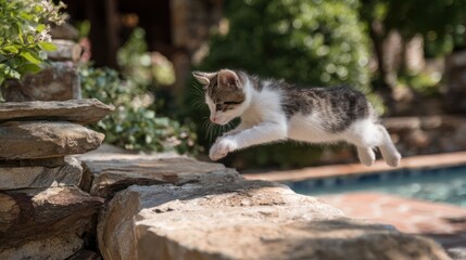 Playful kitten leaps over a stone wall towards a pool