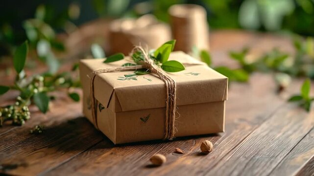 A rustic, eco-friendly gift box wrapped in brown paper with a twine bow and fresh green leaves on a wooden surface. Soft focus background