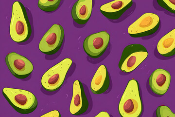Colorful pattern of sliced avocados on a vibrant purple background, ideal for food-related designs (1)