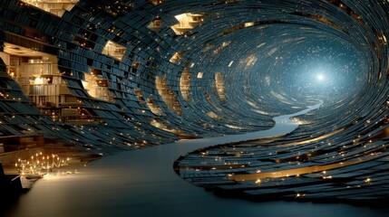 Spiral Galaxy Bookshelf: A Dark Blue and Gold Cosmic Tunnel