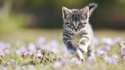 Fototapeta premium A tiny kitten runs through a field of flowers. Blush-toned, soft focus