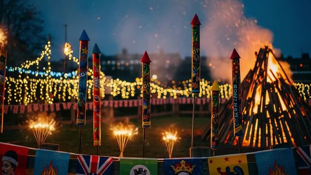 Bonf Now. Colorful firework rockets and a large bonfire prepared for a traditional British celebration at night.