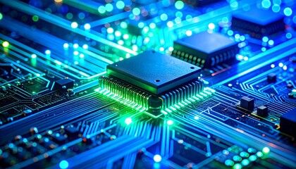 Close-up of a glowing circuit board with microchips and intricate pathways, symbolizing digital connectivity, advanced technology, data processing, and innovation.