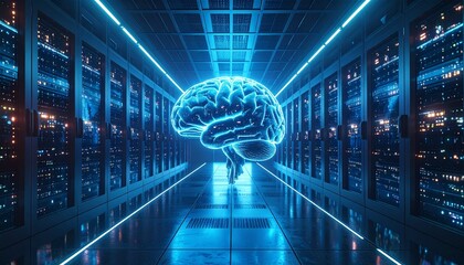 A glowing blue brain, representing artificial intelligence and neural networks, positioned in a futuristic data center with server racks and neon lights, symbolizing advanced computing and innovation.