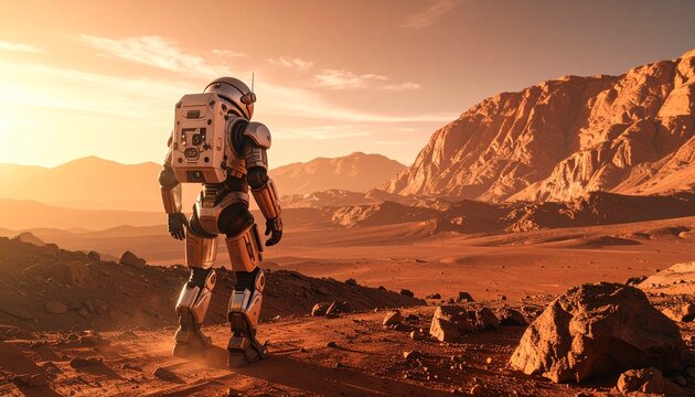 A futuristic space explorer or robot stands on a barren, rocky alien landscape under an orange sky, symbolizing discovery and the future of extraterrestrial exploration.