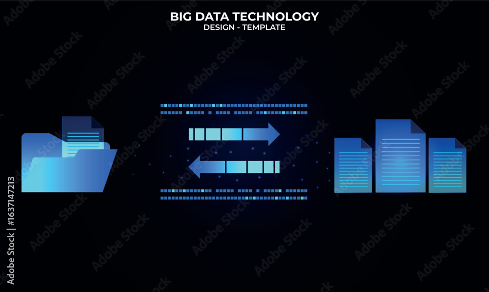 Poster folder and file relocation data transfer system. download data exchange template. blue glowing inter