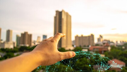 A hand interacting with a glowing digital network sphere, set against a blurred city skyline at sunset, symbolizing global connectivity and technological future.