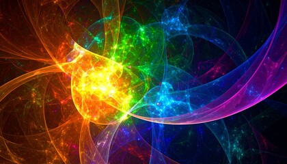 Obraz premium Vibrant abstract fractal with glowing multi-colored energy swirls, dynamic light effects, and a complex intricate pattern on a dark background, ideal for digital art and futuristic designs.