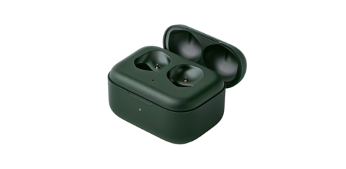 Dark green wireless earbuds case open, showing inner earpieces