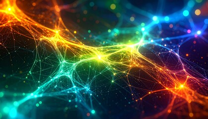 Abstract vibrant digital network background with glowing lines and dots, symbolizing data, connectivity, neural networks, or artificial intelligence.