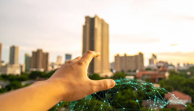 A hand interacting with a glowing digital network sphere, set against a blurred city skyline at sunset, symbolizing global connectivity and technological future.