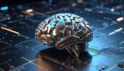 A conceptual image of an artificial intelligence brain made of metallic elements, resting on a futuristic circuit board, symbolizing advanced technology and digital thought.