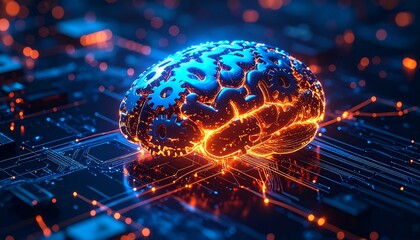 A vibrant digital brain composed of intricate gears and glowing circuits, symbolizing artificial intelligence, machine learning, and advanced technological innovation in a futuristic network.