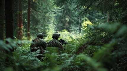Tactical Military Operation: Soldiers in Camouflage with Rifles Ready in Forest Ambush