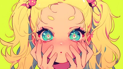 Close up of cute little anime colored contact lenses, big eyes
