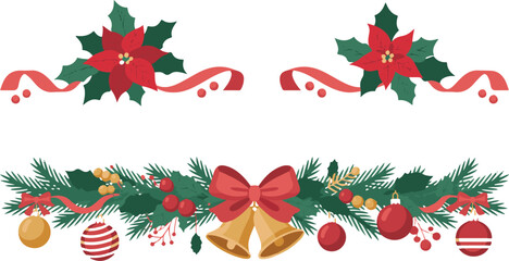 Holiday Garland with Poinsettias, Ribbons, Bells, and Ornaments for Festive Decor