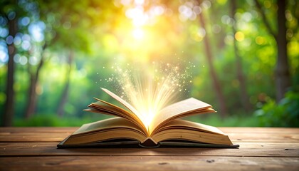 Open book radiating light in a forest setting